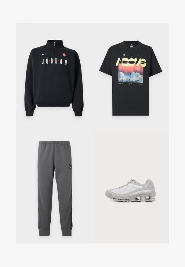 Sort sweatshirt med høj krave, front lynlås, hvid "JORDAN" tekst og en logo-patch på brystet. Blødt stof og ribstrikkede manchetter.; Sort bomuld T-shirt med grafik af skyer, en lyserød og blå himmel samt fed gul tekst med ordene "FLY ABOVE" og "THERE IS NO LIMIT."; Grå sweatpants lavet af blødt stof med elastisk talje, tætsiddende ben, sidelommer og en cirkulær logo-patch.; Grå og hvid atletiksko med synlig luftpolstret sål og mesh-paneler, vist i profil på en ensartet lys baggrund.