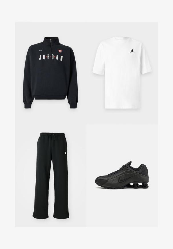 Sweat-shirt noir avec un col montant, une fermeture éclair frontale, le texte blanc "JORDAN" et un patch logo sur la poitrine. Tissu doux et poignets côtelés.; T-shirt en coton blanc avec un col rond et des manches courtes. Il présente un petit logo Jordan noir sur la poitrine gauche.; Pantalons de survêtement noirs en tissu doux, dotés d'une taille élastique avec cordon de serrage réglable et d'un petit logo décoratif sur le côté.; Baskets de course noires avec une tige en synthétique lisse, des accents perforés, des panneaux latéraux texturés et une semelle distincte et rebondissante.
