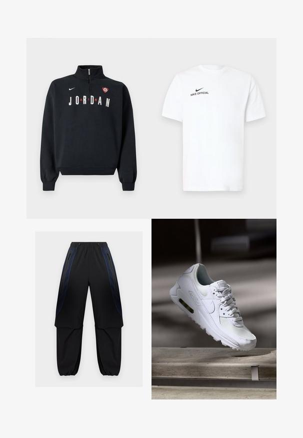 Zwarte trui met hoge kraag, ritssluiting aan de voorkant, witte "JORDAN" tekst en een logopatch op de borst. Zachte stof en geribbelde manchetten.; Wit katoenen T-shirt met korte mouwen. Voorzien van een zwart "Nike Official" logo en een zwarte swoosh aan de linkerkant van de borst.; Zwarte en donkerblauwe cargobroek met elastische tailleband en boorden, voorzien van ritssluitingen aan de zijkanten en gelaagde stofpanelen op de dijen.; Witte Nike Air Max 90 sneaker met een bovenwerk van mesh en leer, een geperforeerde teenbox en een zichtbare luchtunit in de hiel.