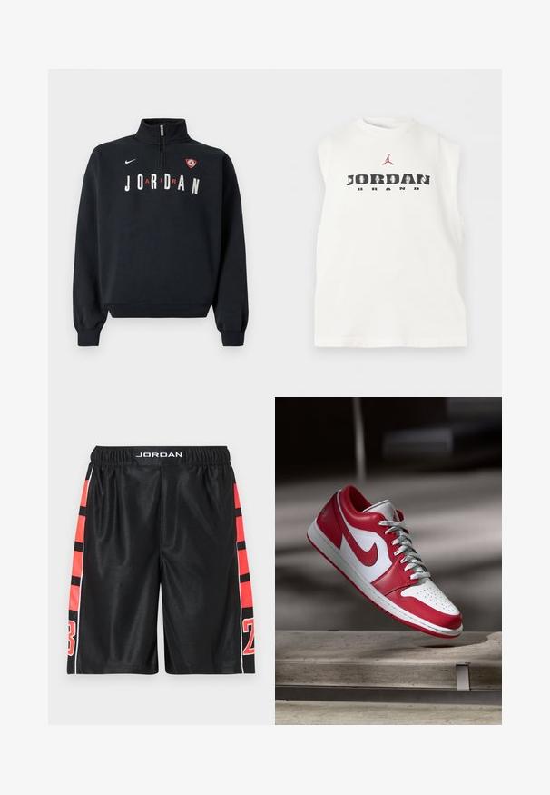 Sort sweatshirt med høj krave, front lynlås, hvid "JORDAN" tekst og en logo-patch på brystet. Blødt stof og ribstrikkede manchetter.; Hvid ærmeløs skjorte med teksten "JORDAN BRAND" og en rød Jumpman-logo over teksten på brystområdet.; Sorte atletikshorts med en glat tekstur, der har røde striber og tal på siderne. Elastisk taljebånd med "JORDAN"-logo øverst.; Rød og hvid Nike sneakers svævende over en stenbænk i en blødt belyst indendørs setting.
