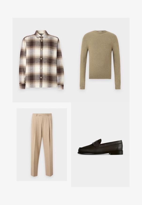 Beige crewneck langærmet strikket sweater med ribstrikkede manchetter, kant og halsudskæring på en ensfarvet hvid baggrund.; Brun og creme ternet skjorte med lange ærmer, lavet af et blødt stof; har en spredt krave og lyse træknapper.; Beige skræddersyede bukser med frontplisser, bæltestropper og lige ben, vist mod en ensartet lys baggrund.; Sort læder penny loafer med lav hæl, rundet tå og stropdetalje over fronten, set fra siden på ensfarvet baggrund.