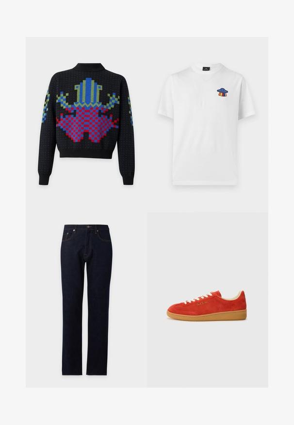 Pull noir à manches longues avec un design abstrait pixelisé en bleu, rouge et vert dans le dos et sur les manches.; T-shirt blanc à manches courtes avec un petit motif OVNI bleu et des rayons arc-en-ciel sur la partie gauche de la poitrine.; Jean bleu foncé à jambe droite avec bouton devant, fermeture éclair et design cinq poches sur un fond uni clair.; Baskets en daim rouge avec des lacets blancs, semelle en caoutchouc beige et logo doré sur le côté. Bout arrondi et design bas.