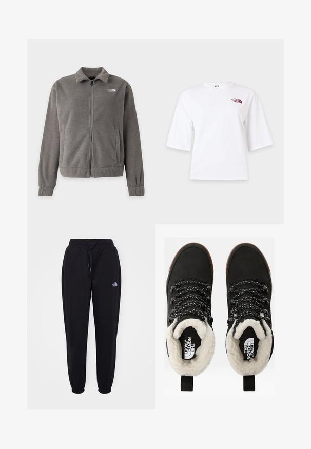 Grå fleecejakke med fuld lynlås, krave, elastiske manchetter, sidelommer og The North Face-logo på venstre bryst.; Hvid T-shirt med korte ærmer, rund hals og lille vinrødt logo på øverste venstre bryst.; Sorte joggingbukser med elastisk talje og manchetter, snoretræk, sidelommer og lille hvid The North Face-logo på højre lår.; Sorte vandtætte ankelstøvler med for af faux pels, tekstureret stof, snørebånd med hvidt og sort mønster samt en løkker ved hælen.