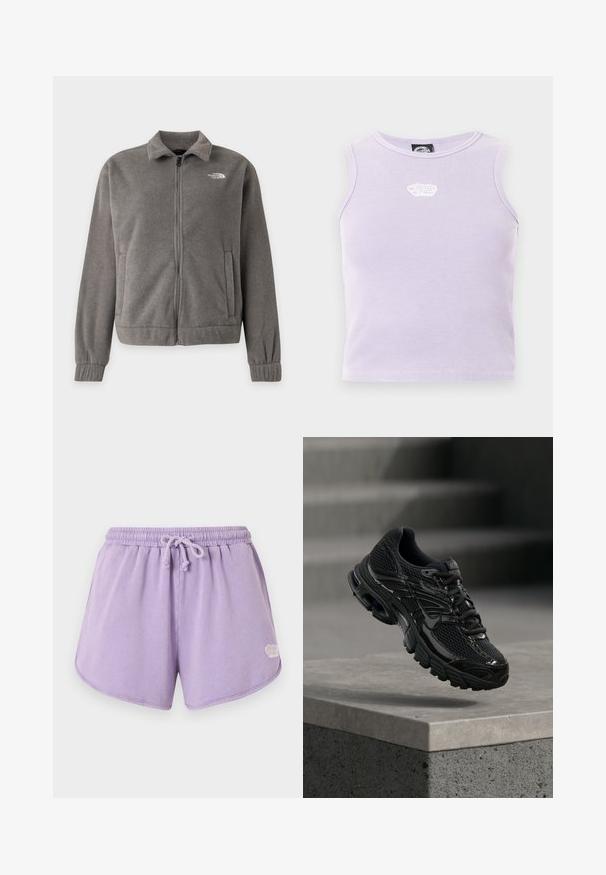 Veste polaire grise à fermeture éclair intégrale, col, poignets élastiques, poches latérales et logo The North Face sur la poitrine gauche.; Crop top sans manches côtelé de couleur violet clair avec un petit logo blanc brodé au centre près de l'encolure.; Shorts en éponge lilas doux avec taille élastique et cordon de serrage, ourlet arrondi, et petit logo blanc sur le côté inférieur droit.; Chaussure de course noire Nike avec tige en mesh et synthétique flottant au-dessus d'une surface en béton avec des marches en arrière-plan.