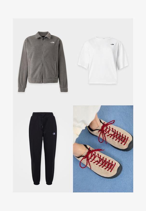 Grå fleecejakke med fuld lynlås, krave, elastiske manchetter, sidelommer og The North Face-logo på venstre bryst.; Hvid T-shirt med korte ærmer og rund hals med The North Face-logo i sort på venstre bryst.; Sorte joggingbukser med elastisk talje og manchetter, snoretræk, sidelommer og lille hvid The North Face-logo på højre lår.; Beige sko med røde snørebånd, placeret på en blå tekstureret overflade, delvist synliggørende en persons ankel. Skoene har et sporty design.