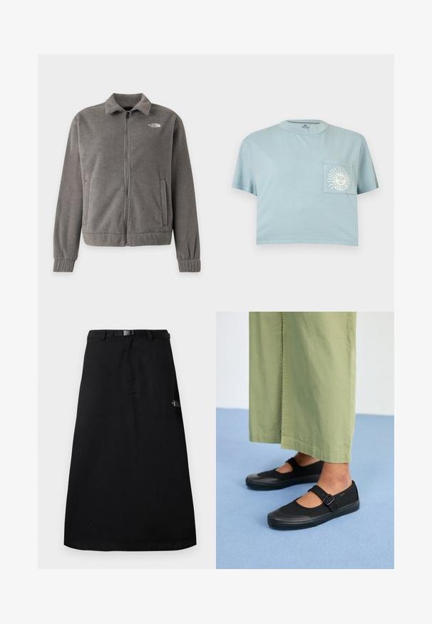 Graue Fleecejacke mit durchgehendem Reißverschluss, Kragen, elastischen Bündchen, Seitentaschen und The North Face Logo auf der linken Brust.; Hellblaues, kurz geschnittenes T-Shirt mit kurzen Ärmeln und einer Brusttasche, die eine weiße Sonne mit Gesicht und den Schriftzug "VOLCOM" zeigt.; Schwarzer Midirock mit verstellbarem Taillengürtel und The North Face-Logo auf der rechten Seite.; Schwarze Leinenschuhe mit runder Spitze, Gummisohle und einer Schnallenriemen. Kombiniert mit lockeren, hellgrünen Hosen.