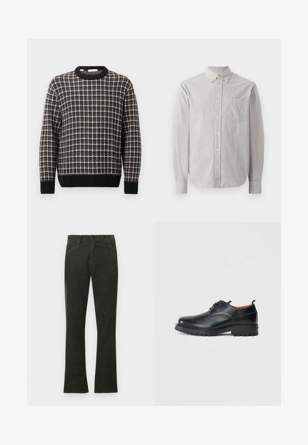 Sort/hvid ternet crewneck sweater med ribbede manchetter og kant, præsenteret på en ensfarvet lys baggrund.; Stripet langærmet skjorte lavet af bomuld. Har en knap-ned krave, en brystlomme og manchetter med stribet detaljering.; Mørkegrønne fløjlsbukser med lige ben, der har fem lommer og metalbeslag til lukning. Det teksturerede stof er synligt.; Sorte læder derby-sko med en glat overflade, rund tå, snøre-design og en tyk, robust gummisål.