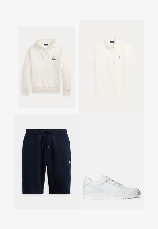 Witte Polo Ralph Lauren hoodie met een buidelzak aan de voorkant, een capuchon met trekkoord en een marineblauwe logotekst met ruiter- en paardenembleem op de borst.; Wit overhemd met korte mouwen, knopen, kraag en een klein donkerblauw Polo Ralph Lauren-logo op de linkerborst.; Marineblauwe katoenen sportshorts met een elastische tailleband, trekkoord en logo-accent aan de linkerkant. Gladde textuur, tot aan de knieën.; Witte leren sneaker met een gladde textuur, voorzien van een geperforeerde neus, vetersluiting en geborduurde logo aan de zijkant. Witte rubberen zool.