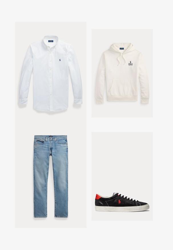 Hvid Polo Ralph Lauren hættetrøje med front-kængurulomme, snørre i hætten og navy logo tekst med hest og rytter emblem på brystet.; Hvid langærmet skjorte med knapper og krave, Polo Ralph Lauren-logo broderet på venstre bryst.; Lyseblå jeans med lige ben, forlommer og knaplukning, lagt fladt på en hvid baggrund.; Sorte ruskind sneakers med hvide snørebånd, røde accenter på hælen og et lille rødt logo. Har en flad gummisål og enkel syning.