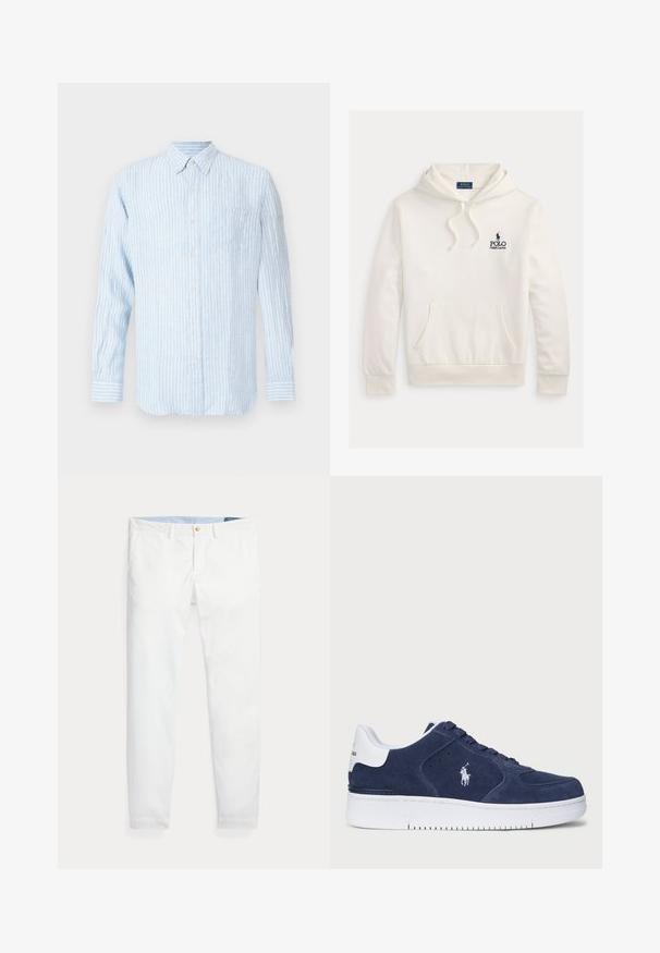 Sweat à capuche Polo Ralph Lauren blanc avec poche kangourou à l'avant, capuche à cordon de serrage et texte logo bleu marine avec emblème cheval et cavalier sur la poitrine.; Chemise à rayures bleu clair avec boutons, manches longues, col, poche poitrine et un petit détail de logo en rose.; Chinos en coton blanc coupe slim, dotés d'une fermeture à un bouton doré et d'une ceinture intérieure bleu clair. Texture lisse sans motifs.; Baskets en daim bleu marine avec des accents blancs et une surface texturée. Dotées d'un logo blanc sur le côté, d'un design à lacets et d'une semelle en caoutchouc.