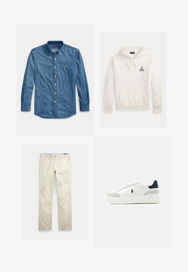 Biela mikina Polo Ralph Lauren s kapucňou so šnúrkami, predným klokanie vreckom a námorníckym modrým logom s erbom jazdca na koni na hrudi.; Modrá rifľová košeľa s dlhým rukávom, golierom a malým vyšívaným logom na ľavej strane hrudníka vedľa gombíkov.; Béžové bavlnené nohavice s rovnými nohavicami, opaskové pútká, predné zapínanie na gombík, zips a bočné vrecká.; Biela tenisková obuv s nízkym strihom, s čiernou pätkou, sivými semišovými detailmi, hrubou podrážkou a čiernym logom Polo na vonkajšej strane.