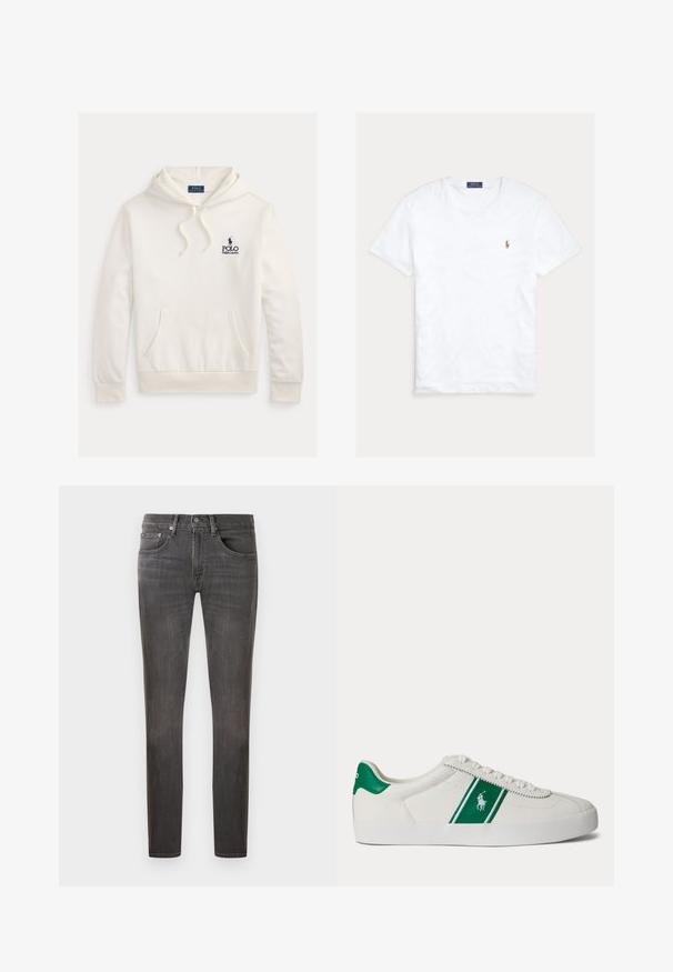 Weißer Polo Ralph Lauren Hoodie mit Kängurutasche vorn, Kapuze mit Kordelzug und marineblauem Logotext mit Pferd-und-Reiter-Emblem auf der Brust.; Weißes T-Shirt mit Rundhalsausschnitt und kurzen Ärmeln, mit kleinem gesticktem Polo Ralph Lauren Logo auf der linken Brust und blauem Markenetikett innen am Kragen.; Dunkelgraue Denim-Jeans mit klassischer Passform, fünf Taschen-Design und subtilen Waschungseffekten, mit Knopfverschluss und Reißverschluss.; Weißer Sneaker in Low-Top-Form mit grünem Streifen und Polo-Logo an der Seite, grünem Fersenlaschen und weißen Schnürsenkeln, von der linken Seite vor neutralem Hintergrund dargestellt.