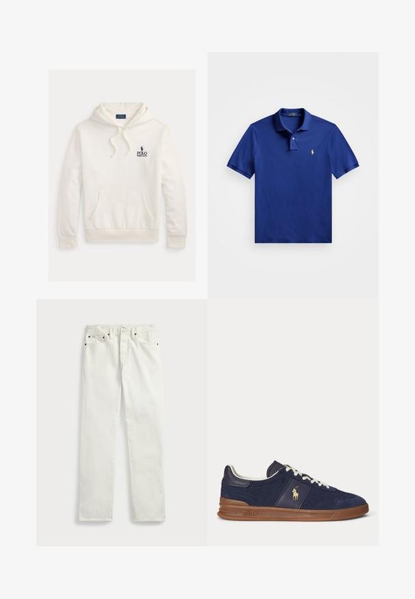 Witte Polo Ralph Lauren hoodie met een buidelzak aan de voorkant, een capuchon met trekkoord en een marineblauwe logotekst met ruiter- en paardenembleem op de borst.; Blauw poloshirt met korte mouwen, een kraag en twee knopen, met een klein geel geborduurd logo op de linkerborst.; Witte denimjeans met een rechte pasvorm, voorzien van vijf zakken, metalen knopen en stiksels langs de naden. Gladde textuur.; Marineblauwe lage sneaker met witte veters, bruine zool en Polo-spelerlogo aan de zijkant, gezien van links.