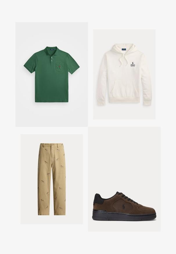 Valkoinen Polo Ralph Lauren -huppari, jossa on etutasku kenguru-tyyliin, kiristysnauhainen huppu ja rintakehässä laivastonsininen logo, jossa hevonen ja ratsastaja.; Vihreä poolopaita, joka on valmistettu puuvillasekoitteesta. Paidassa on kaulus, kolme nappia edessä ja rintatasku, jossa on pieni punainen logo.; Beiget corduroy-housut, joissa kirjailtuja koirakuvioita, suora lahkeen leikkaus ja viiden taskun malli sekä etukappaleen napitettava kiinnitys.; Tummanruskea matalakärkinen lenkkari mustalla pohjalla, mustilla nauhoilla ja verkkomaisella sivupaneelilla, jossa pieni musta logo.