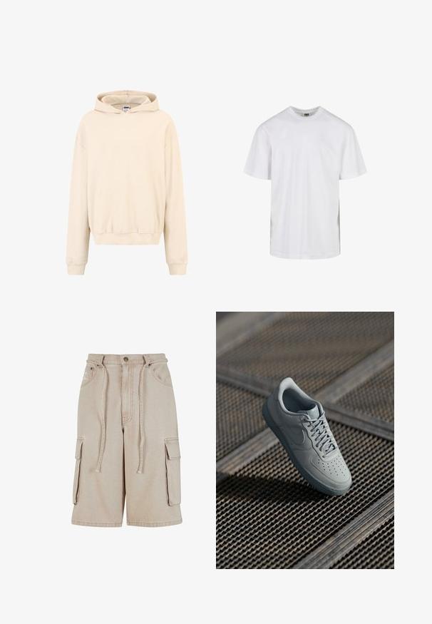 Sudadera color crema con textura acanalada, bolsillo tipo canguro, capucha con cordón y puños elásticos, que presenta un corte relajado.; Camiseta blanca lisa de manga corta y cuello redondo con un ajuste relajado, mostrada sobre un fondo blanco.; Pantalones cortos cargo beige de algodón con cintura con cordón, dos bolsillos laterales y un bolsillo lateral adicional, que presentan detalles de costura visibles.; Zapatillas de cuero gris con punta perforada, cordones planos, collar acolchado y suela de goma texturizada. Presenta un sutil detalle de marca.
