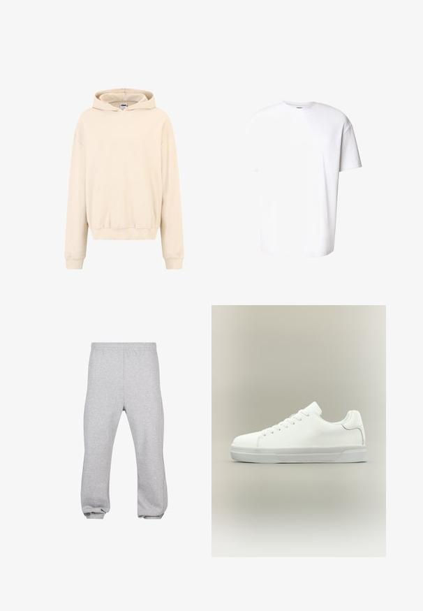 Haut à capuche couleur crème avec une texture côtelée, poche kangourou, capuche avec cordon de serrage et poignets élastiques, offrant une coupe décontractée.; T-shirt blanc uni à manches courtes avec un col rond et un tissu légèrement texturé, présenté sur un fond blanc.; Pantalon de jogging en coton gris clair avec taille élastique et poignets aux chevilles, présenté à plat sur fond blanc.; Baskets basses blanches à lacets, doté d'un col rembourré et d'une semelle en caoutchouc texturée, présentées de profil sur un fond neutre.