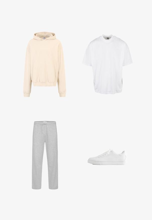 Haut à capuche couleur crème avec une texture côtelée, poche kangourou, capuche avec cordon de serrage et poignets élastiques, offrant une coupe décontractée.; T-shirt en coton blanc avec une coupe décontractée, des manches courtes et un col rond, présentant un ourlet droit et sans graphiques ni motifs visibles.; Pantalon de survêtement gris avec une taille à cordon, coupe droite, texture douce, sans motifs ni accents visibles.; Baskets basses blanches avec lacets, dessus en cuir lisse et semelle extérieure en caoutchouc plate, vues de côté sur fond blanc.
