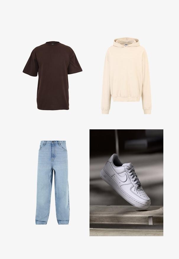 Cremfarbener Hoodie mit gerippter Textur, Kängurutasche, Kapuze mit Kordelzug und elastischen Bündchen, in entspannter Passform.; Braunes Baumwoll-T-Shirt mit kurzen Ärmeln, Rundhalsausschnitt und lockerer Passform. Glatte Textur ohne sichtbare Muster oder Akzente.; Helles, blaues Denim-Jeans mit lockerer Passform, hoher Taille und fünf Taschen. Mit Gürtelschlaufen und Knopfverschluss. Glatte Textur.; Weißer Nike Air Force 1 Sneaker aus Leder mit perforierter Zehenpartie, flachen Schnürsenkeln und strukturierter Gummisohle mit "AIR"-Branding an der Seite.