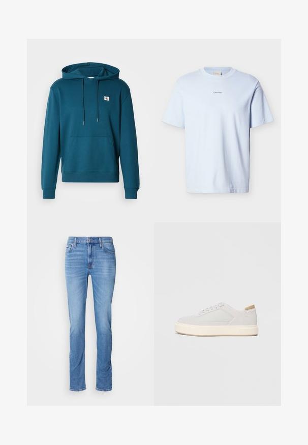 Sudadera con capucha en color verde azulado, hecha de un material suave, con un bolsillo frontal y un pequeño parche con el logo en el pecho. Cuerdas ajustables unidas a la capucha.; Camiseta de algodón azul claro con cuello redondo y mangas cortas, con un pequeño logo "Calvin Klein" impreso en negro en el pecho.; Vaqueros de mezclilla azul para hombre con corte recto, bolsillos delanteros y traseros, y una pequeña etiqueta de Calvin Klein cerca del bolsillo delantero derecho.; Zapatillas gris claro con parte superior sintética lisa, puntera redonda y una suela intermedia texturizada en color crema. Detalles en color beige claro en el talón.