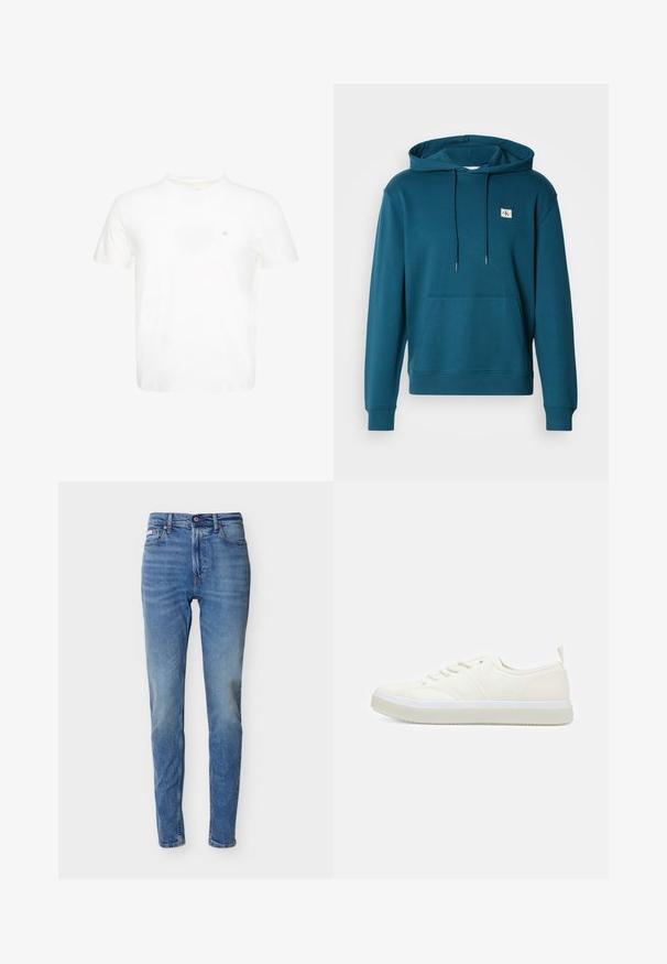 Sudadera con capucha en color verde azulado, hecha de un material suave, con un bolsillo frontal y un pequeño parche con el logo en el pecho. Cuerdas ajustables unidas a la capucha.; Camiseta blanca de manga corta con cuello redondo y pequeño logo "ck" bordado en el pecho izquierdo.; Vaqueros ajustados de tiro alto de color azul medio con botón y cremallera delanteros, diseño de cinco bolsillos y sutiles desgastes en los muslos y las rodillas.; Calvin Klein TOP LACE UP UNIFIT - Zapatillas - salt bay