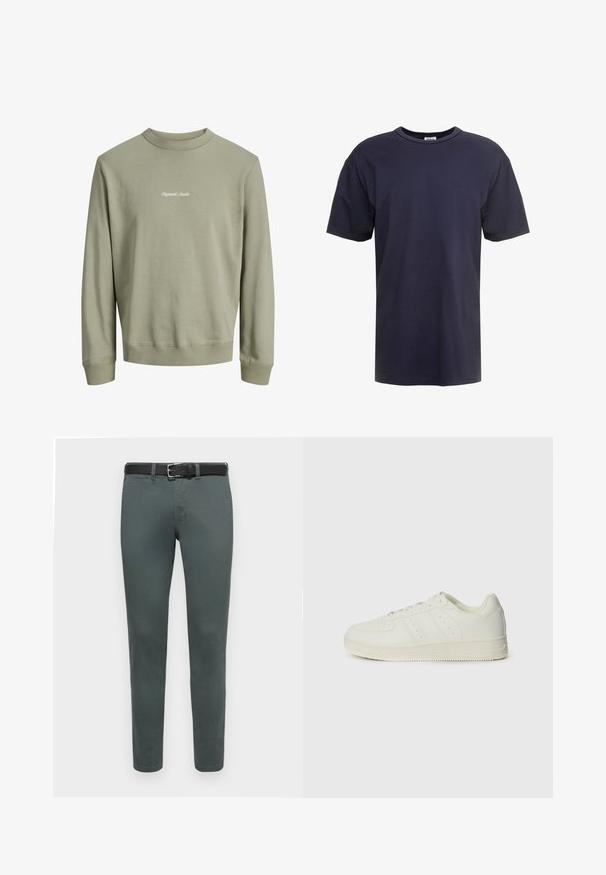 Lyse olivengrøn crewneck sweatshirt med lange ærmer og ribbet manchetter, kant og krave. Hvid tekst "Originals Studio" på brystet.; Marineblå bomulds T-shirt med rund hals, korte ærmer og en afslappet pasform uden synlige mønstre eller hardware.; Grønne bomuldsbukser med slim fit, udstyret med et sort bælte og standard fem-lomme design. Glat tekstur, minimale syninger.; Hvide sneakers med en glat læderoverflade, snørebånd, perforerede detaljer og tre diagonale striber på siden. Gummisål.