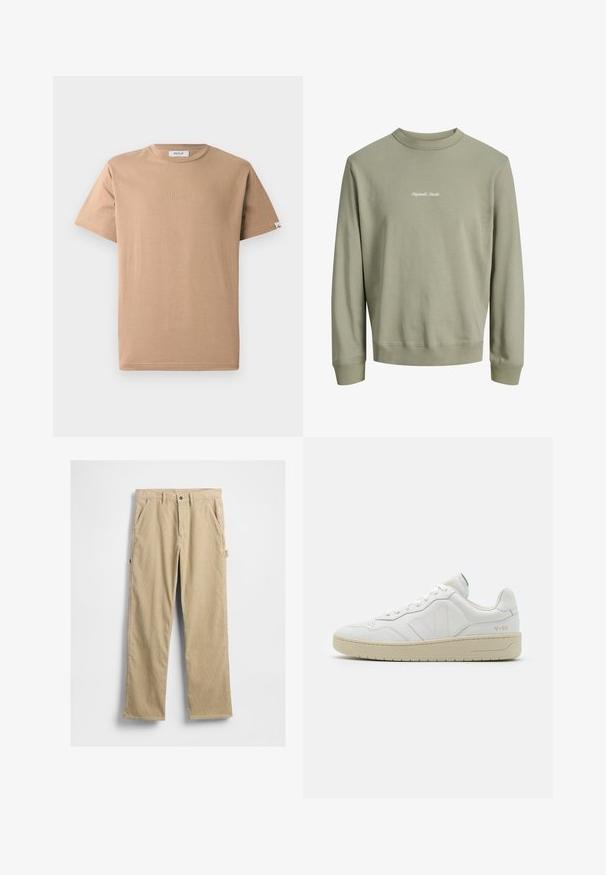 Hell olivgrüner Sweatshirt mit Rundhalsausschnitt, langen Ärmeln und gerippten Bündchen, Saum und Kragen. Weißer Schriftzug „Originals Studio“ auf der Brust.; Beige Baumwoll-T-Shirt mit Rundhalsausschnitt, kurzen Ärmeln und einem dezenten, geprägten "REPLAY"-Logo auf der Vorderseite. Glenzige Textur, lockere Passform.; Beige Cordhose mit geraden Beinen, Fronttaschen und einem Knopfverschluss. Mit einer Seitentasche und strukturiertem Stoff.; Weiße Leder-Sneaker mit strukturierter Oberfläche und gepolstertem Kragen. Sie verfügen über eine beigen Gummisohle und dezente Markenkennzeichnung an der Ferse und an der Seite.