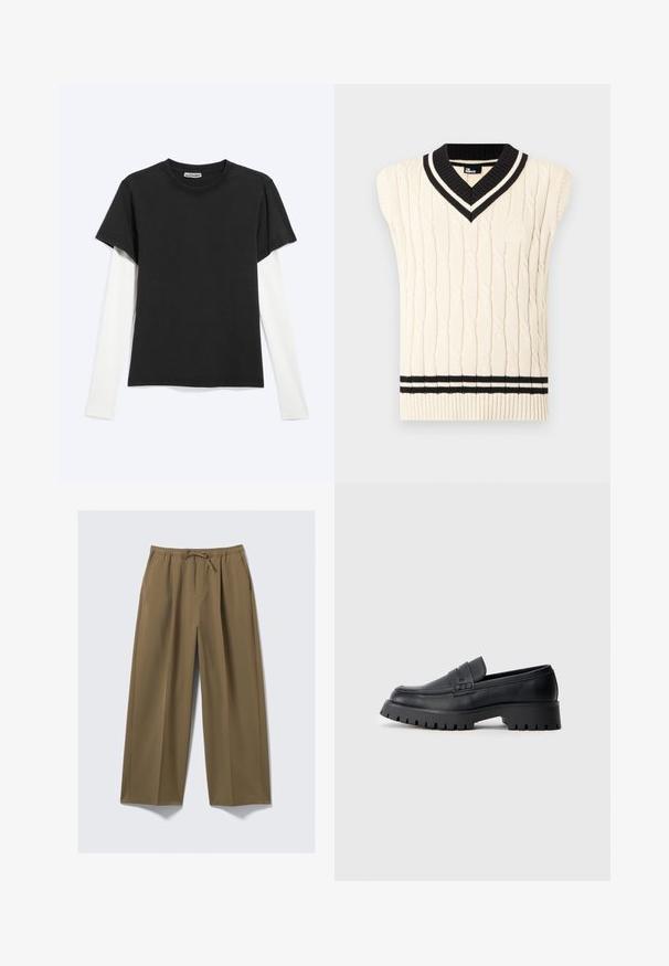 Pull sans manches en maille torsadée crème avec col en V et bordures rayés noir et blanc.; T-shirt noir à manches courtes superposé à une chemise blanche à manches longues, vue en plat sur un fond gris clair avec l'étiquette WEEKDAY visible à l'intérieur du col.; Pantalons larges en vert olive, en tissu doux avec une taille élastique et un cordon de serrage ajustable. Comprend deux poches latérales.; Mocassins en cuir noir avec un bout arrondi, présentant une sangle décorative et une semelle en caoutchouc épaisse avec de profonds crampons pour une meilleure adhérence.