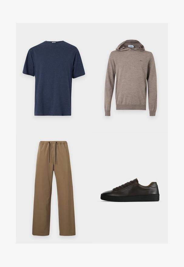 Sweat à capuche à manches longues de couleur marron clair avec un petit logo brodé sur le côté gauche de la poitrine et des poignets et ourlet côtelés.; T-shirt bleu marine à manches courtes en tissu doux, avec un col rond et une coupe droite décontractée. Sans motifs ni accents visibles.; Pantalon marron à coupe droite avec taille élastique et cordons noirs, présenté sur un fond clair uni.; Baskets basses en cuir marron foncé avec semelle en caoutchouc noire, lacets à l'avant et design minimaliste épuré sur fond clair.