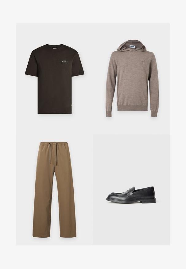 Sweat à capuche à manches longues de couleur marron clair avec un petit logo brodé sur le côté gauche de la poitrine et des poignets et ourlet côtelés.; T-shirt noir à manches courtes avec petit logo blanc "Les Deux" sur la poitrine gauche, col rond, présenté sur un fond clair uni.; Pantalon marron à coupe droite avec taille élastique et cordons noirs, présenté sur un fond clair uni.; Mocassins en cuir noir avec une finition texturée, dotés d'une bride décorative à l'avant et d'un bout arrondi. Semelle en caoutchouc pour plus de durabilité.