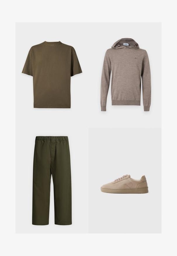 Sweat à capuche à manches longues de couleur marron clair avec un petit logo brodé sur le côté gauche de la poitrine et des poignets et ourlet côtelés.; T-shirt uni vert olive à manches courtes, col rond et petit logo "BOSS" à l'arrière du col.; Pantalon vert foncé à coupe ample avec taille élastique, jambes droites et sans poches ni ornements visibles, présenté sur un fond uni.; Baskets en cuir beige avec lacets plats, finition lisse et semelle extérieure en caoutchouc texturé. Coutures sur le panneau latéral et design de orteil arrondi.