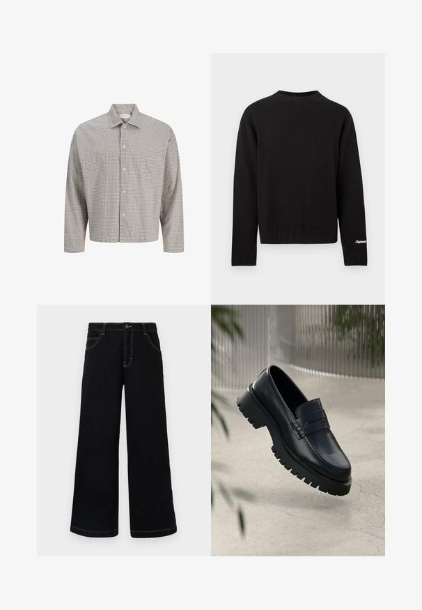 Pull noir en maille avec encolure ronde, manches longues et ourlet côtelé. Présente un design simple et classique avec des détails minimaux.; Chemise à carreaux à boutons dans des couleurs atténuées, dotée d'un col évasé, de manches longues, d'une poche poitrine et d'une coupe décontractée. Tissu en mélange de coton.; Pantalons larges noirs en denim, dotés d'une fermeture à boutons, de cinq poches et de coutures blanches contrastantes le long des coutures.; Mocassins en cuir noir avec une semelle à crampons épaisse, dotés d'une sangle décorative et de détails de couture. Texture lisse avec une finition polie.