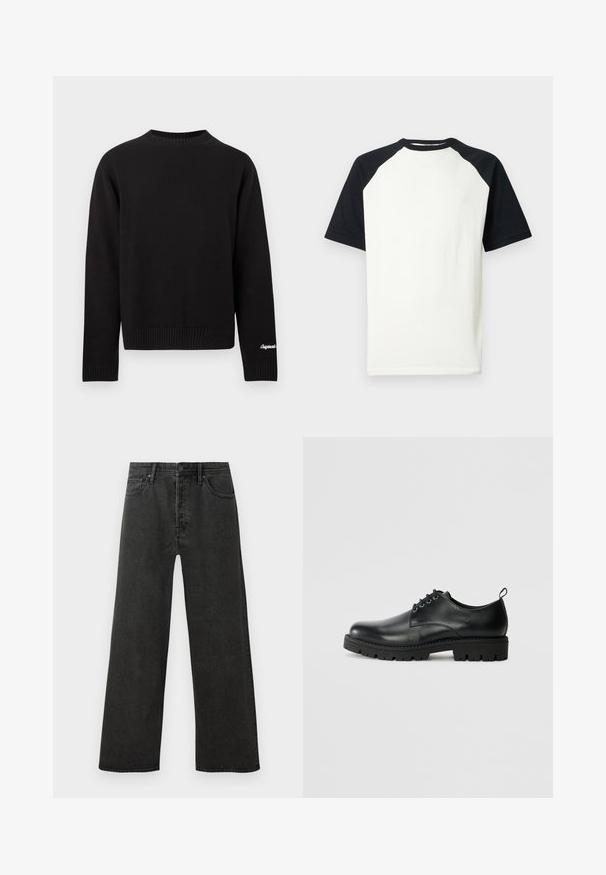 Sort strikket sweater med rund hals, lange ærmer og ribbet kant. Har minimalistiske detaljer og tilbyder et enkelt og klassisk design.; Kortærmet raglan T-shirt med hvid krop og sorte ærmer og krave, vist på hvid baggrund.; Sorte højtaljede lige ben jeans i denim med frontknap, lynlås og fem lomme-design på en hvid baggrund.; Sort læder sko med en rund tå, der har snørelukning, solid sort gummisål og en lille hælflap bagpå.