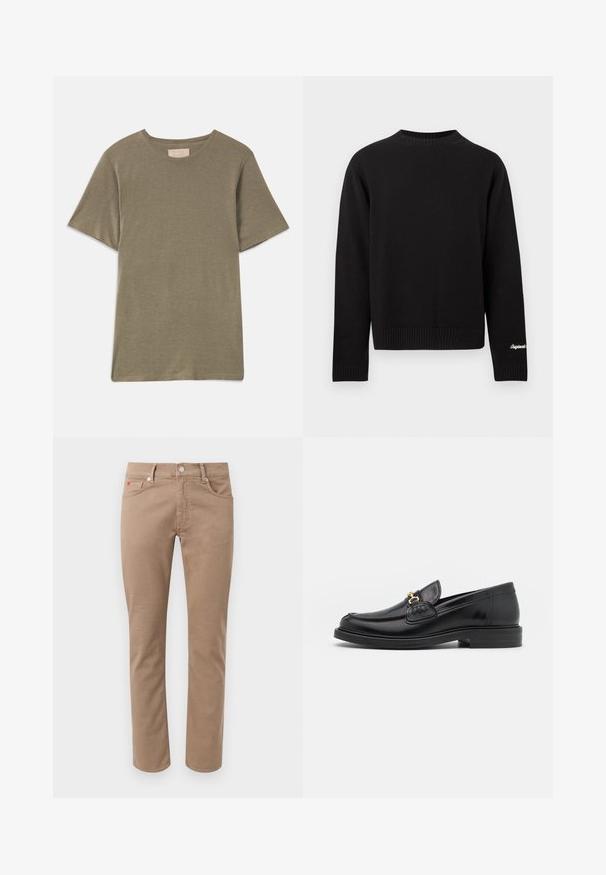 Pull noir en maille avec encolure ronde, manches longues et ourlet côtelé. Présente un design simple et classique avec des détails minimaux.; T-shirt olive à manches courtes avec un col rond, fabriqué en tissu doux. Présente un ourlet droit et sans motifs ni accents visibles.; Pantalon beige en coton coupe slim avec poches avant, passants pour ceinture et fermeture à bouton métallique, présenté sur un fond gris clair uni.; Mocassins en cuir noir avec un embout rond, présentant des accents en métal doré et des détails de couture, montés sur une semelle en caoutchouc texturé et basse.