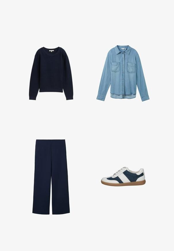 Marineblå strikket sweater med en afslappet pasform, bred rund hals og ribbede manchetter. Har et struktureret mønster gennem hele stoffet.; Lysblå denimskjorte med lange ærmer, knaplukning og to forlommer. Har en klassisk krave og en let buet kant.; Marineblå brede bukser lavet af letvægtigt stof, med et rent design og lige snit, forsynet med sidelommer og uden synlige lukninger.; Sneakers med overdel i hvid læder, marineblå denimdetaljer og en sål af gummirubber. Har snørelukning og zigzag-detaljer.