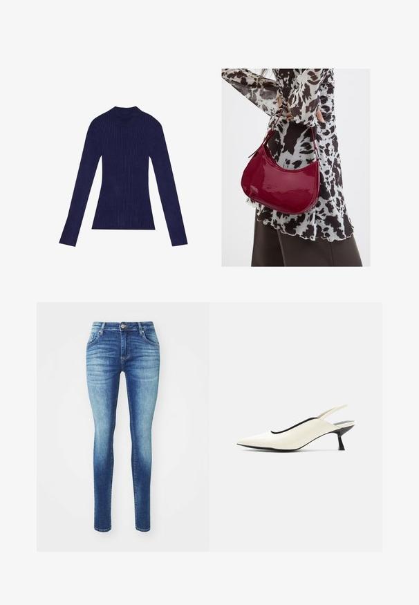 Marineblauer Ripp-Turtleneck-Pullover mit langen Ärmeln. Besitzt ein figurnahes Design und eine weiche Textur. Hergestellt aus elastischem Material.; Schlankjeans aus Denim-Material mit einem hellblauen bis dunkelblauen Farbverlauf, klassischem Fünf-Taschen-Design und einem Reißverschluss mit Knopfverschluss.; Cremfarbener Slingback-Schuh mit spitzer Spitze, niedrigem schwarzem Kitten-Heel und glattem Lederfinish vor weißem Hintergrund.; Frau trägt eine schwarz-weiß gemusterte Bluse und hält eine glänzende rote Schultertasche vor einem einfarbigen Hintergrund.