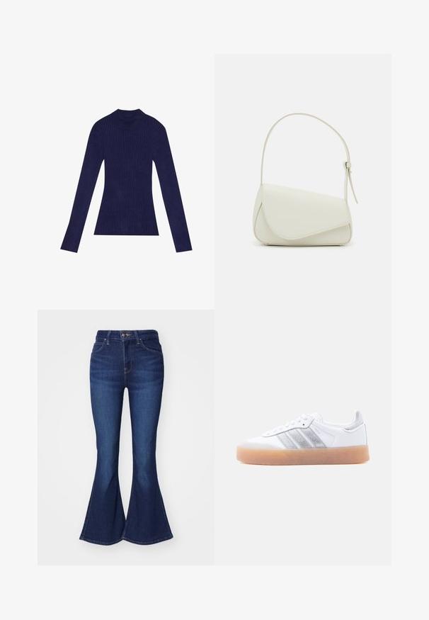 Marineblauer Ripp-Turtleneck-Pullover mit langen Ärmeln. Besitzt ein figurnahes Design und eine weiche Textur. Hergestellt aus elastischem Material.; Dunkelblaue Schlagjeans aus Denim mit hoher Taille, fünf Taschen und Knopfverschluss, leicht ausgebleicht an den Oberschenkeln.; Weißer Sneaker in niedrigem Schnitt mit brauner Sohle, seitlichen silbernen Streifenakzenten und Schnürverschluss, dargestellt vor hellem einfarbigem Hintergrund.; Weiße Kunstleder-Handtasche mit einer strukturierten dreieckigen Form, einem verstellbaren Einzelgurt und einem Klappenverschluss mit geschwungenen Akzenten.