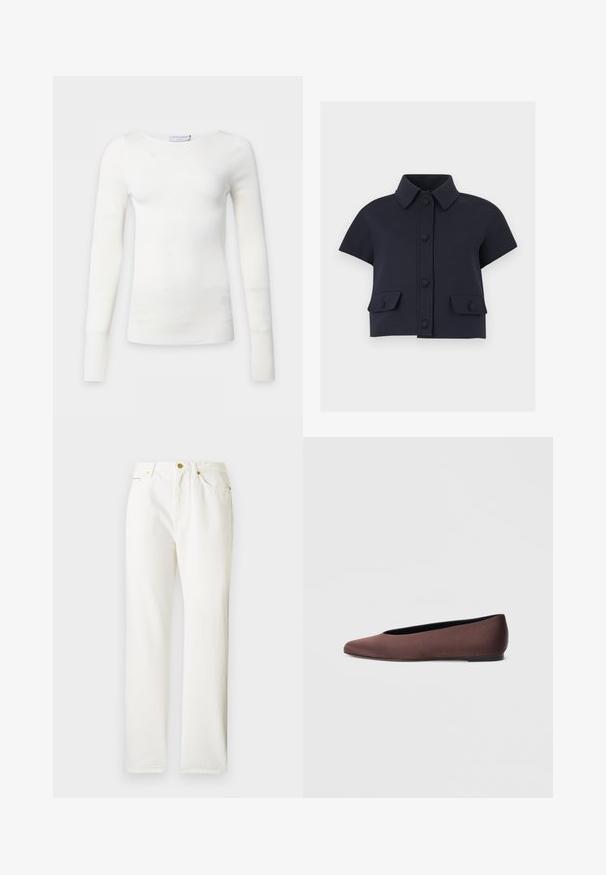 Hvid tætsiddende top med lange ærmer med ribbet tekstur og rund halsudskæring, vist på en ensartet lys baggrund.; Kortærmet cropped navy jakke med spids krave, frontknaplukning og to klaplommer med knapper.; Hvide denimbukser med lige ben-design, der har lukning med knap foran og en subtil tekstur. Inkluderer sidelommer og minimalt hardware.; Brune balletflade sko i stof med spids tå og glat tekstur, med lav hælkappe og tynd sort sål. Ingen synlige mønstre eller beslag.