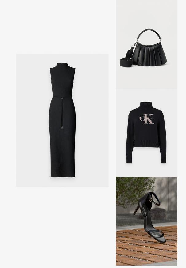 Tummansininen lyhyt neulepaita, jossa on ribattuja turtleneck-kaulus. Paidassa on vaaleanpunainen brodeerattu 'CK'-logo ja 'calvin klein' -teksti. Pehmeä neulepinta.; Musta ilmanhihaista mekkoa, jossa on korkea kaulus, tekstiiliohjelma, kapea siluetti ja vyötärösolki, jossa on pyöreä koriste.; Mustat korkokengät, joissa nilkkahihna, näyttävät leijuvan puisella laattalattialla ulkona, taustalla sumea vihreä kasvillisuus ja kiviseinä.; Musta laskostettu nahkalaukku, jossa lyhyt kahva ja irrotettava leveä kangasolkaimen hihna valkoisella taustalla.