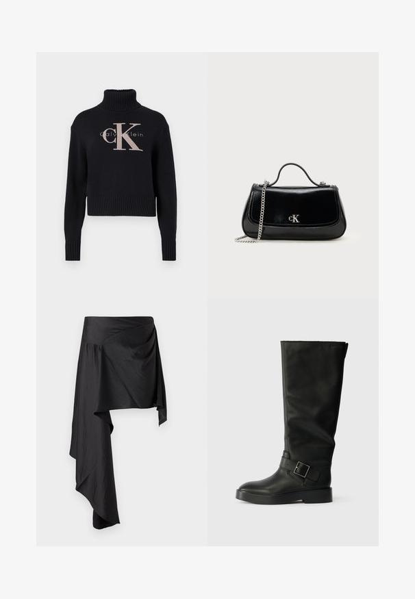 Marineblå cropped sweater med ribbet turtleneck, prydet med et lyserødt broderet 'CK' logo og 'calvin klein' tekst. Glat strikket tekstur.; Sort omslagskørt lavet af glat, letvægtsstof. Har en asymmetrisk kant og sammensat detaljering i taljen for en flydende silhuet.; Sorte knæhøje støvler lavet af glat læder, med rund tå, en tyk sål og et vandret rem med en rektangulær spænde detalje.; Sort læderhåndtaske med en kædestrop, struktureret form og et sølvlogo. Glat overflade med flaplukning.