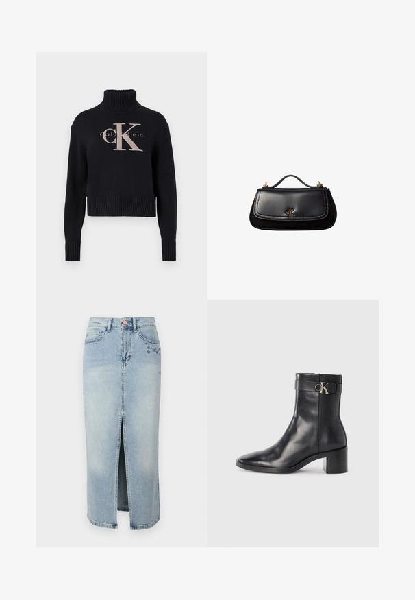 Námornícky modrý skrátený sveter s rebrovaným rolákom, s jemne ružovou vyšitou 'CK' logom a textom 'calvin klein'. Hladká pletená textúra.; Fabienne Chapot CARLYNE SKIRT - Denimová sukňa - light blue tinted; Čierne kožené členkové čižmy s špicatou špičkou, blokovým podpätkom a pásikom s kovovým logom. Hladká textúra a minimalistický dizajn.; Čierna kožená kabelka s malým rúčkou, zlatým logom "cK" na prednej klopke a zlatými kovovými akcentmi.