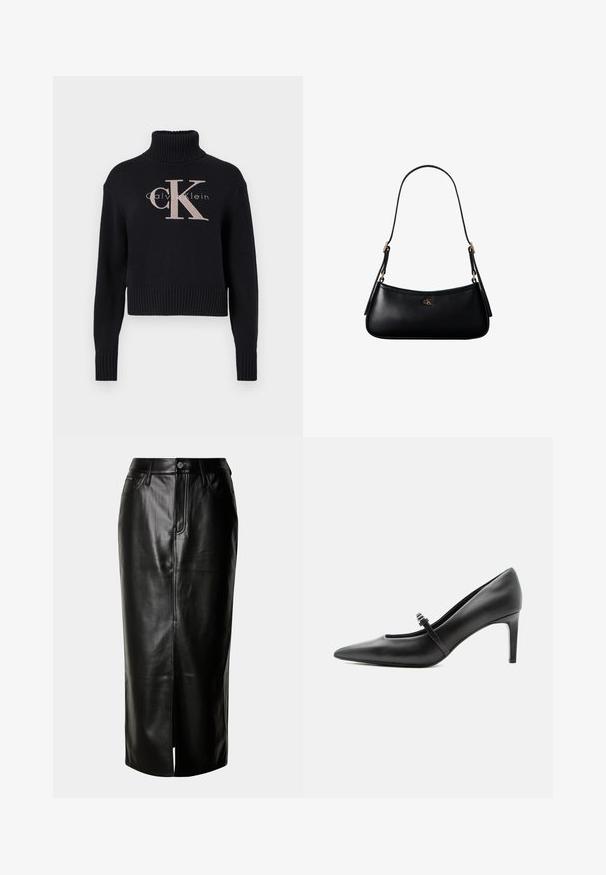 Tummansininen lyhyt neulepaita, jossa on ribattuja turtleneck-kaulus. Paidassa on vaaleanpunainen brodeerattu 'CK'-logo ja 'calvin klein' -teksti. Pehmeä neulepinta.; Musta nahkainen midi-hame, jossa on suora leikkaus, etureikä ja klassinen viiden taskun malli, jossa on metalliset yksityiskohdat.; Musta nahkainen kärkikärkinen korkokenkä, jossa on ohut remmi ja solki jalkapöydän yli, seisoo vaalealla neutraalilla taustalla.; Musta nahkainen pieni olkalaukku ohuella hihnalla ja pienellä kullanvärisellä CK-logolla etuosan keskellä.