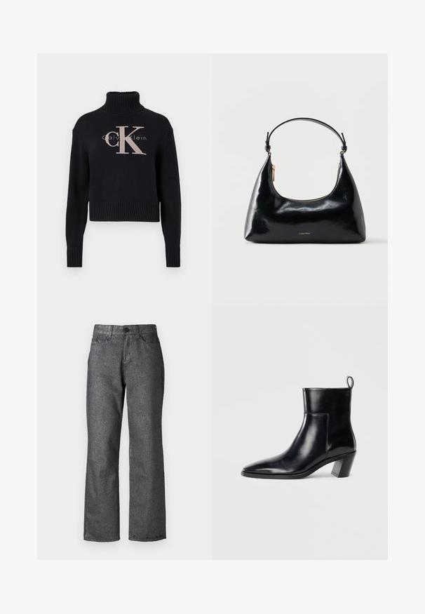 Námornícky modrý skrátený sveter s rebrovaným rolákom, s jemne ružovou vyšitou 'CK' logom a textom 'calvin klein'. Hladká pletená textúra.; Sivé džíny z denimu s jemným leskom, priamy strih, päť vreciek, zapínanie na gombík a viditeľné švy.; Čierna kožená členková čižma s špicatou špičkou, geometricky tvarovaným podpätkom a pútkom na zadnej strane. Hladká textura a elegantný dizajn.; Čierna lesklá kabelka Calvin Klein so zlatým zipsom a krátkym remienkom na bielom pozadí.