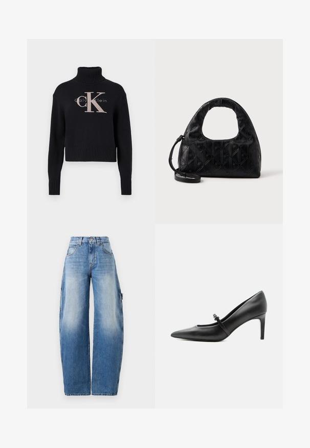 Tumesinine lühike kampsun, ribaga kaelusega, millel on hele roosa tikitud 'CK' logo ja 'calvin klein' tekst. Sile kudumise tekstuur.; Heledad sinine lai jalad, valmistatud denimist. Omab kõrget vööd, kerget kulumist, suuri küljetaskuid ja kontrastseid õmbluste detaile.; Mustast nahast terava varbaga kõrge kontsaga king, millel on peen rihm ja pandlaga üle jala pealse, seisab neutraalsel heledal taustal.; Mustmust mustkott mustaga kaarjas ülemise käepidemega, peene rubiini mustriga ja eemaldatava rihmaga. Tekstuur on sile, koos muljetavaldavate detailidega.