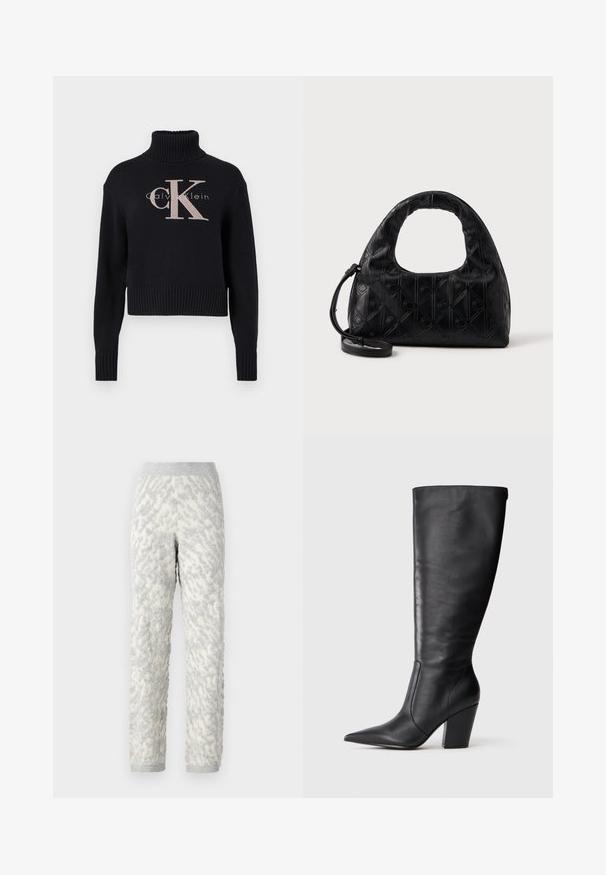Marineblå cropped sweater med ribbet turtleneck, prydet med et lyserødt broderet 'CK' logo og 'calvin klein' tekst. Glat strikket tekstur.; Strukturerede loungbukser i elfenben med grå mønstre, der har et blødt stof, elastisk talje og ribbede manchetter.; Sort læderknehøj støvle med spids tå og kraftig høj hæl, vist i venstre sideprofil på hvid baggrund.; Sort læderhåndtaske med et buet topgreb, subtil diamantmønster og en aftagelig rem. Teksturen er glat med prægede detaljer.