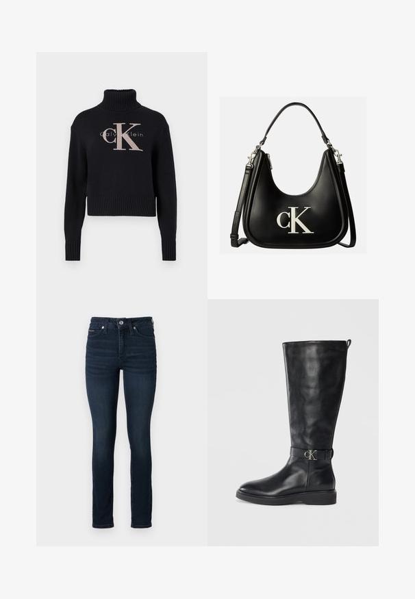 Tumesinine lühike kampsun, ribaga kaelusega, millel on hele roosa tikitud 'CK' logo ja 'calvin klein' tekst. Sile kudumise tekstuur.; Tumedad sinised kõrge vöökohaga teksad, mis on valmistatud denimist, omades slim-fit lõiget ja kerget fade'i. Lihtne metallist nupp ja tõmblukk vööl.; Must muste kõrgsaapad, madala kandiga, ümarate varvastega ja metallist "CK" logo buckl strapiga pahkluude ümber.; Mustast nahast käekott, millel on ees hõbedane "cK" logo, lühikese sangaga ja pikema reguleeritava õlarihmaga.