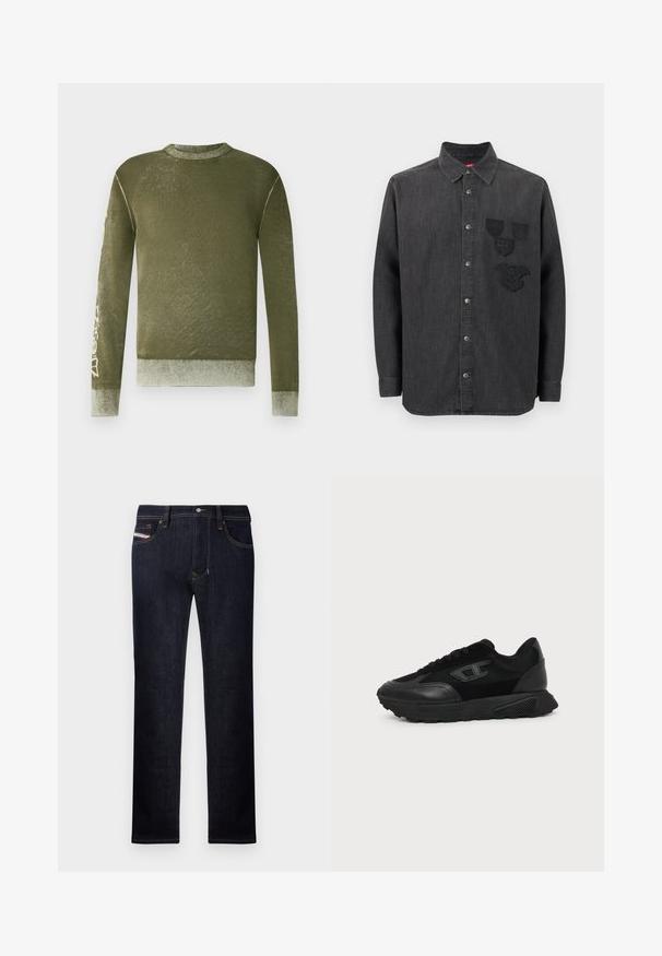Langærmet, olivengrøn sweater med ribbede manchetter og kant, subtilt falmet struktur og lyse grafiske bogstaver på højre ærme.; Sort denimskjorte med knaplukning foran, lange ærmer, krave og tre broderede mærker på venstre bryst. Struktureret stof.; Mørkeblå denim jeans med lige ben-design, der har fem lommer, en knaplukning og kontrasterende syninger.; Sort lavt snøresko med struktureret sål, mesh- og læderoverdel, snørebånd foran og et lille præget logo på sidepanelet.