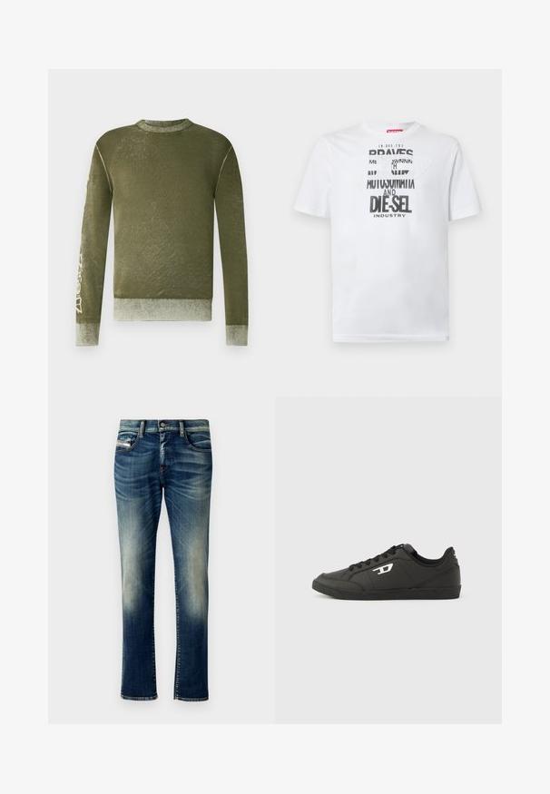 Suéter de manga larga de color verde oliva con puños y dobladillo acanalados, textura sutilmente desteñida y texto gráfico de color claro en la manga derecha.; Camiseta blanca de algodón con tipografía negra audaz que muestra las palabras "BRAVES" y "DIE-SEL INDUSTRY" y un diseño de recorte semitransparente.; Jeans de denim azul oscuro con un lavado desgastado, corte recto, costuras contrastantes, cinco bolsillos y un cierre de botón en la cintura.; Zapatillas deportivas negras sintéticas con suela negra texturizada, puntera redonda y cordones planos negros. Destaca un logo blanco en el lateral exterior.