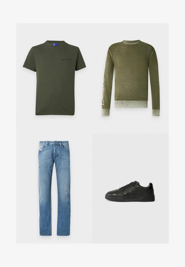 Langärmeliges olivgrünes Sweatshirt mit gerippten Bündchen und Saum, dezenter verwaschener Textur und hellfarbigen grafischen Text auf dem rechten Ärmel.; Olivenfarbene Baumwoll-T-Shirt mit kurzen Ärmeln, Rundhalsausschnitt und einem kleinen, dunkelbedruckten Logo auf der linken Brustseite. Einfaches Design.; Hellblaue Jeans aus Denim mit geradem Bein, ausgestattet mit einem Knopfverschluss, fünf Taschen und dezenten Stickdetails auf den Gesäßtaschen.; Schwarze Low-Top-Sneaker mit strukturierten Paneelen, Schnürverschluss, Gummisohle und "KARL"-Branding an der Seite und am Fersenteil.