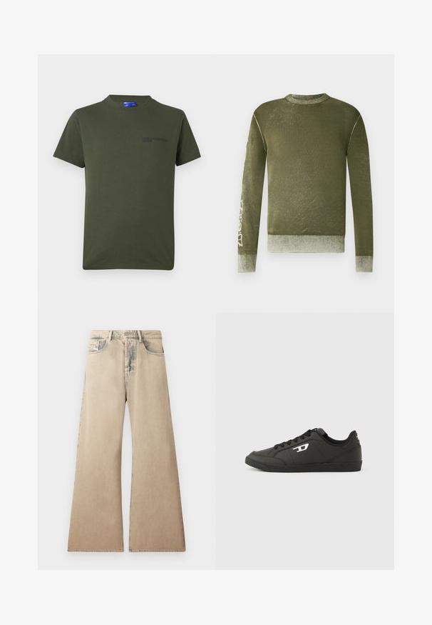 Suéter de manga larga de color verde oliva con puños y dobladillo acanalados, textura sutilmente desteñida y texto gráfico de color claro en la manga derecha.; Camiseta de algodón verde oliva con mangas cortas, cuello redondo y un pequeño logo impreso oscuro en la parte izquierda del pecho. Diseño sencillo.; Jeans de pierna ancha en color beige con textura desgastada, diseño de cinco bolsillos y detalles de costura a lo largo de las costuras. La cintura tiene un cierre tradicional con botón.; Zapatillas deportivas negras sintéticas con suela negra texturizada, puntera redonda y cordones planos negros. Destaca un logo blanco en el lateral exterior.