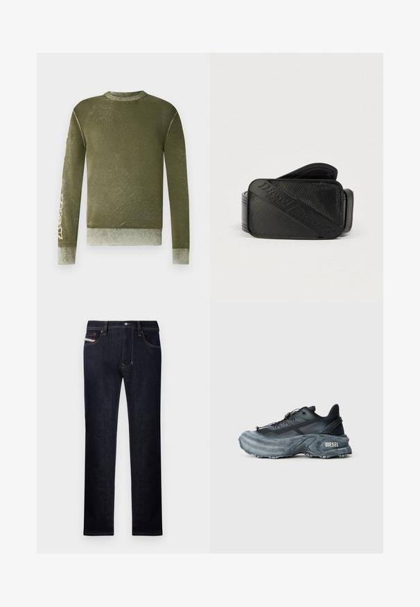 Langärmeliges olivgrünes Sweatshirt mit gerippten Bündchen und Saum, dezenter verwaschener Textur und hellfarbigen grafischen Text auf dem rechten Ärmel.; Dunkelblaue Jeans aus Denim im geraden Schnitt, mit fünf Taschen, einem Knopfverschluss und kontrastierenden Nähtelementen.; Schwarz- und graue Diesel-Sneaker mit dicker Sohle, Schnürverschluss und strukturiertem Design auf einem schlichten hellgrauen Hintergrund.; Schwarzer Gürtel mit strukturiertem Design und einem markanten, eingeprägten Logo. Das Material wirkt glatt mit einem lederähnlichen Finish.